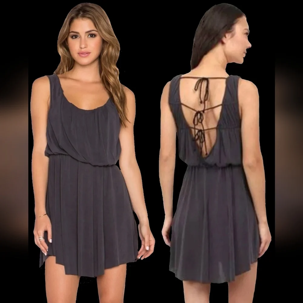 Free People charcoal new cupro true as love open tie back flowy mini dress L-1X - Picture 15 of 17